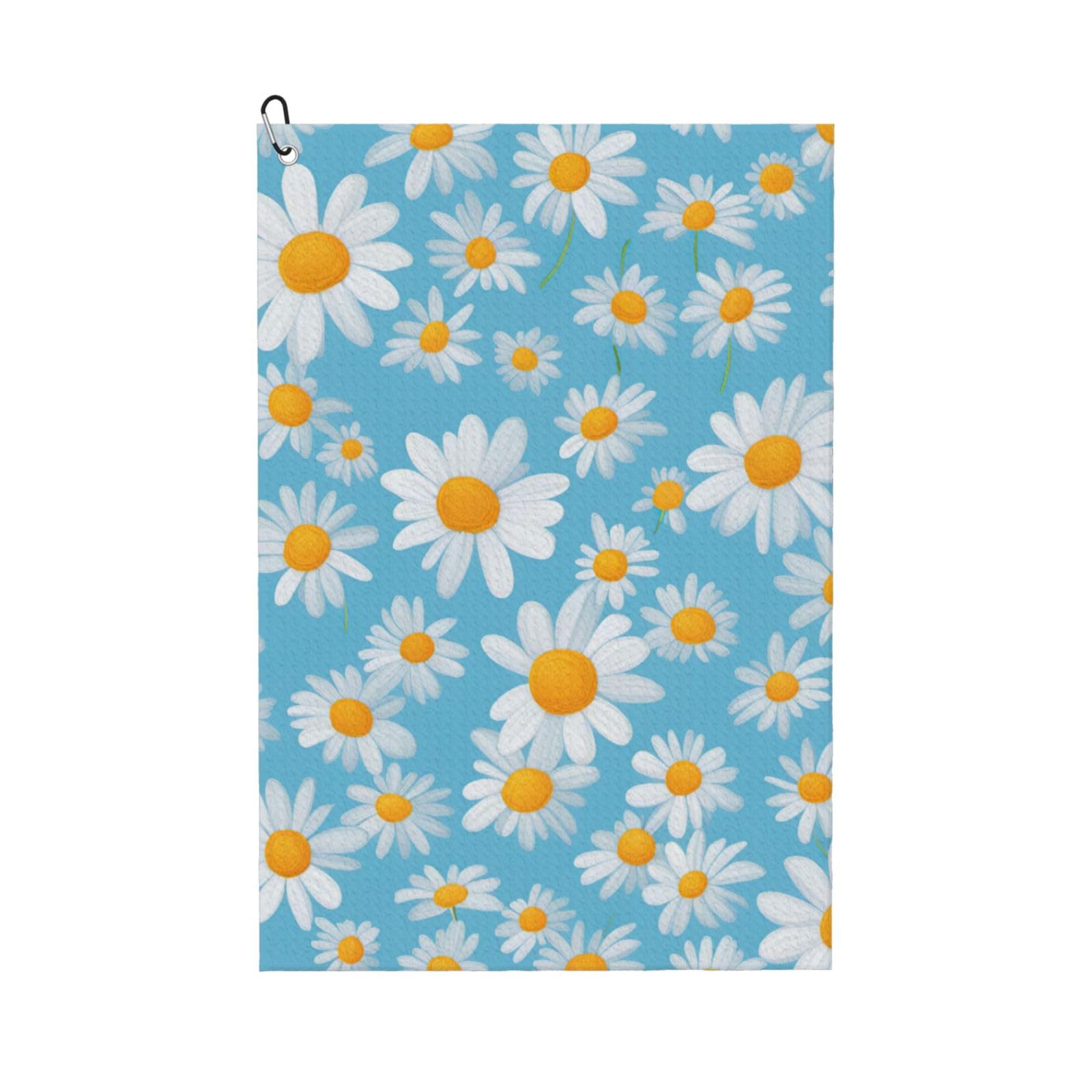 Anceky White Daisy in Light Blue Background Print Golf Towel 24"X16" Microfiber Golf Cleaning Towel with Carabiner Clip for Golf Bags