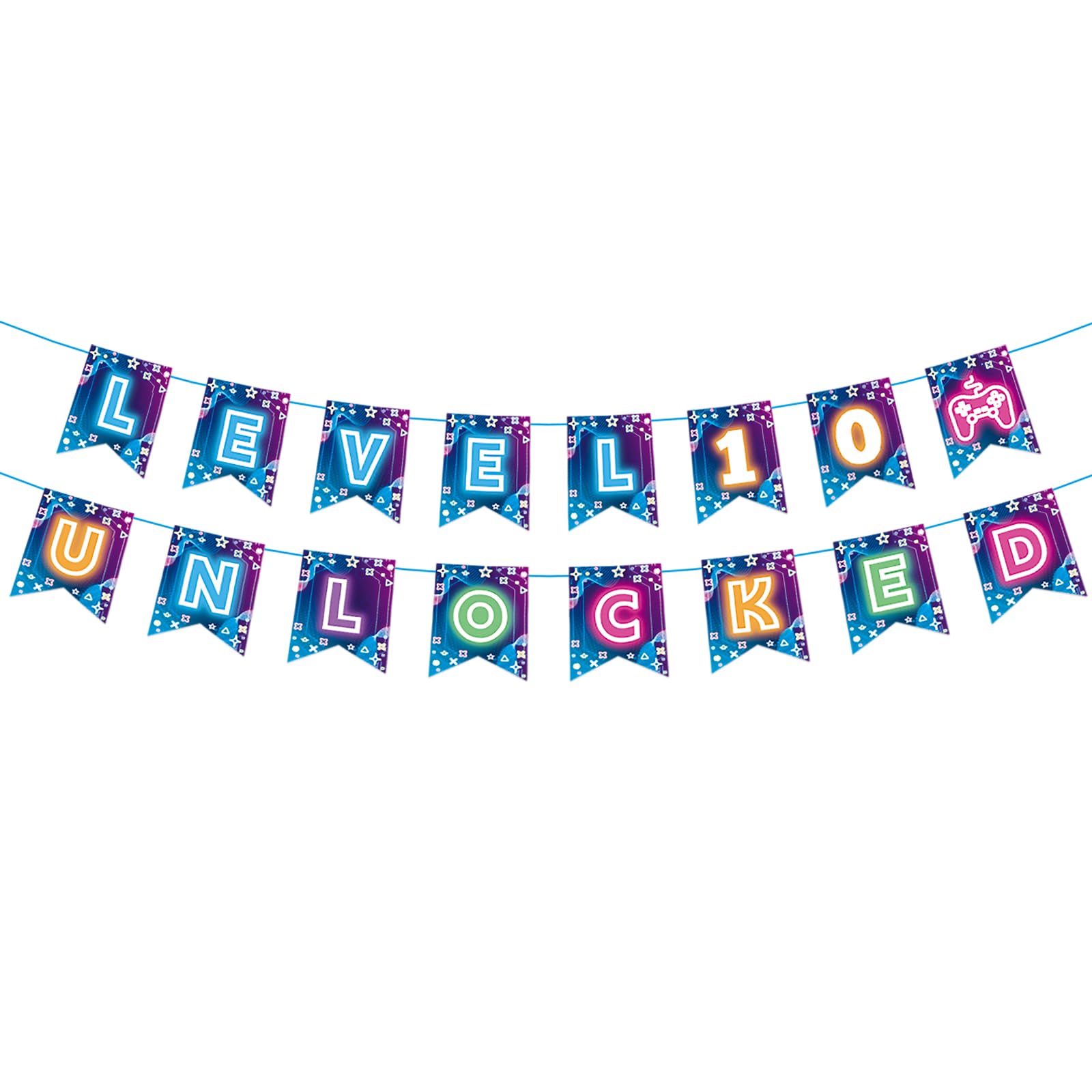Gaming 10th Birthday Banner for Boy - Neon Level 10 Unlock Party Decoration