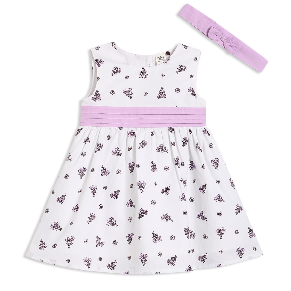 MINI CUDDLES Baby Girls Printed Dress With Headband, White (9-12M)