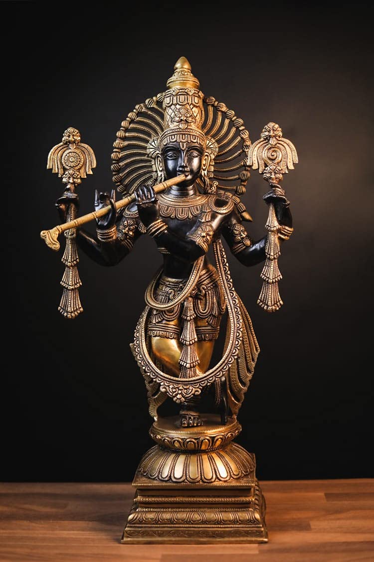 61CM Large Brass Lord Krishna Statue - Hindu Religious Idol for Home Temple and Garden Decor