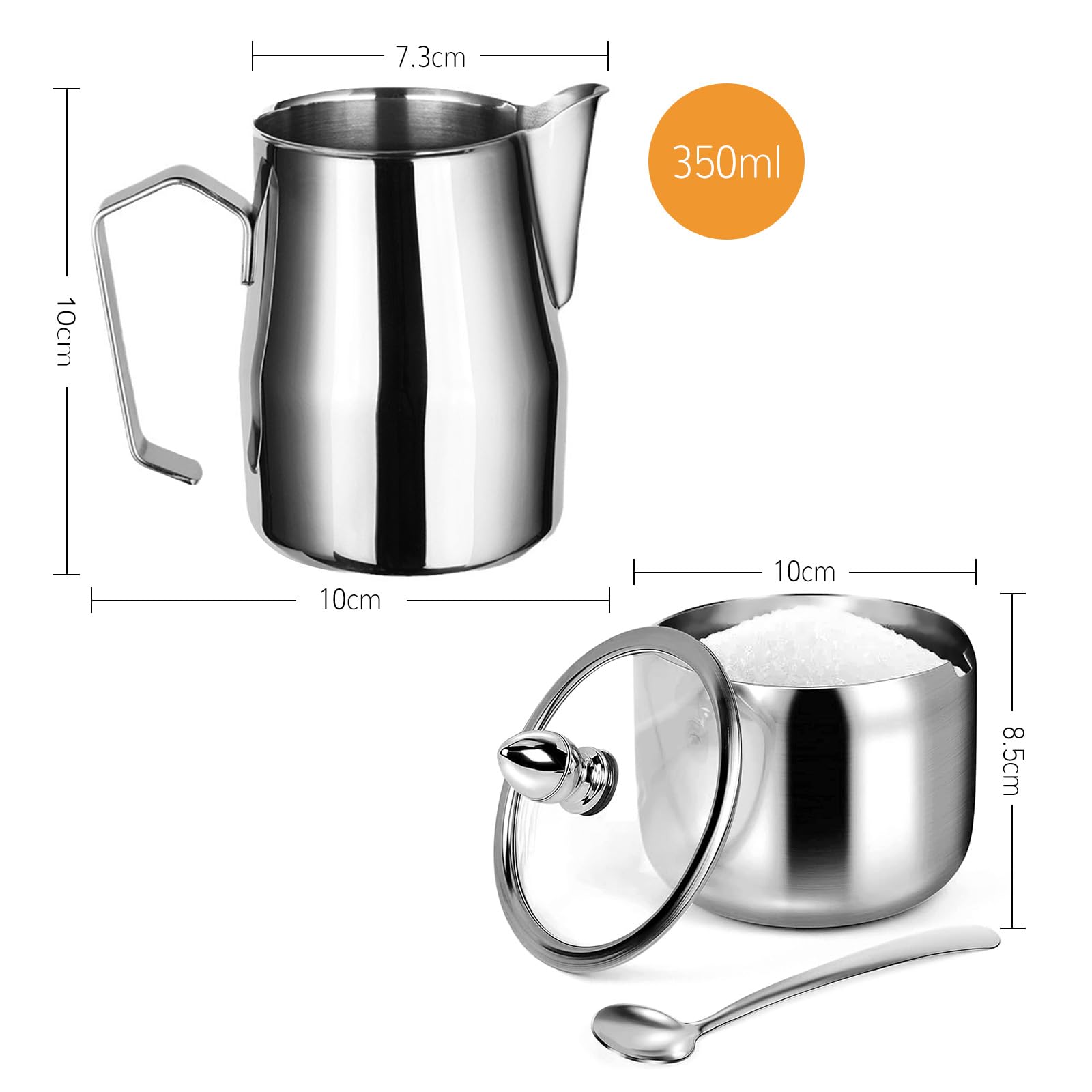 Azucarero y Jarra Leche Set,Jarra Leche Barista,Jarra de Leche Acero inoxidable,Azucarero de acero inoxidable con cuchara y tapa de cristal,para Barista, Capuchino