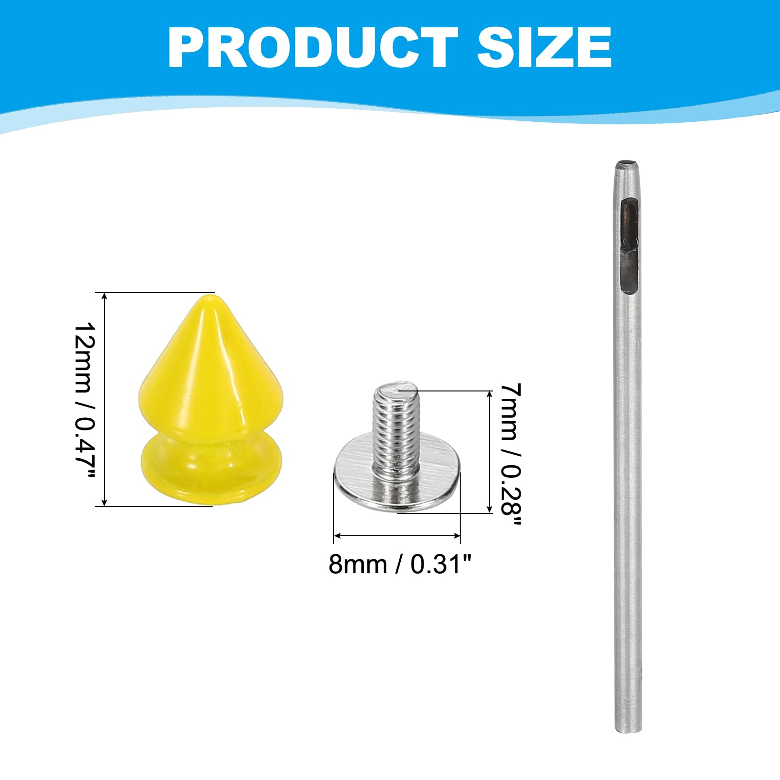 PATIKIL 12mm Studs for Clothing 24 Sets Spikes for Clothes Studs and Spikes Leather Rivets Metal Cone Punk Spikes Screw Posts with Hole Puncher for Leather Jacket Fabric Yellow - Image 2