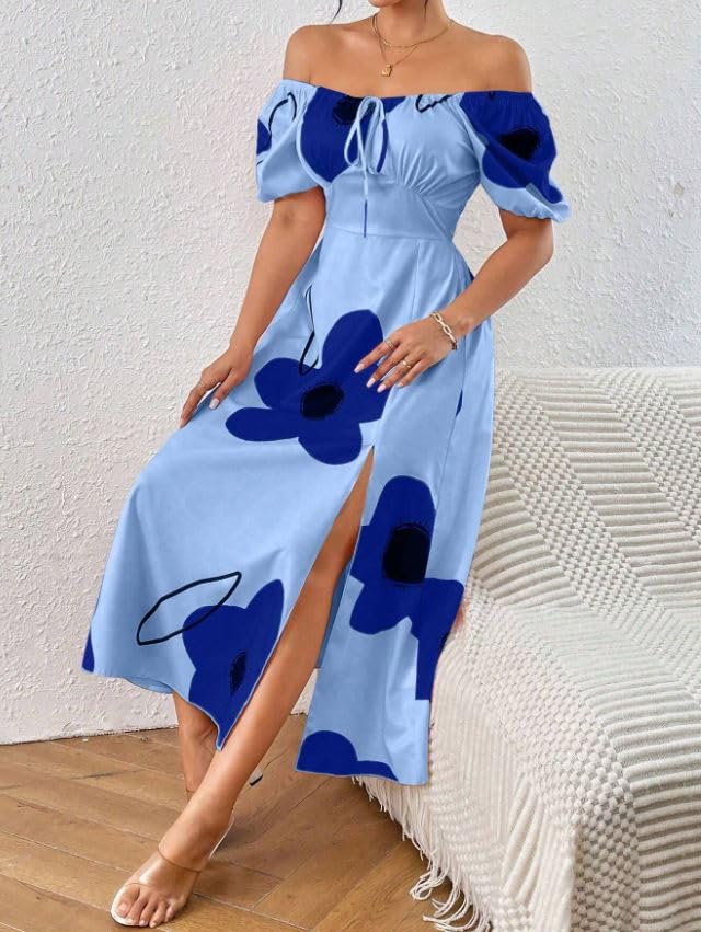 Image of GRECIILOOKS Summer Dress for Woman | Boho Square Neck Long Dress | Women's Puff Sleeve Floral Printed A Line Maxi | Elegant Tie Front Slit Outfit | Comfortable Beach, Vacation, Party & Holiday Outfit
