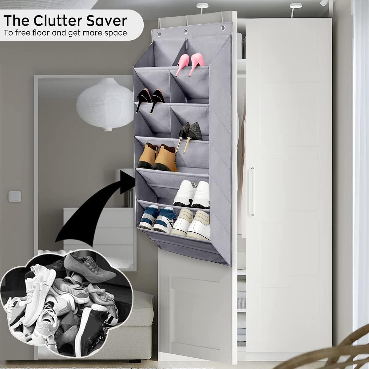 Over the Door Shoe Storage Organiser Shoe Organizer Deep Pockets Hanging Shelf Shoe Rack Storage Wall Mounted 600D Oxford Heavy Duty Shoe Holder Bag for Narrow Closet Dorm