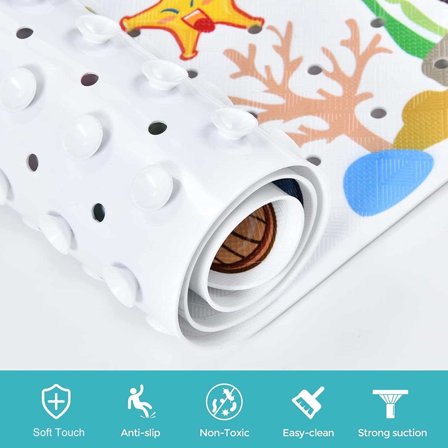 EGEN Baby Bath Mat for Tub for Kids, 40 X 16 Inch Extra Long Kids Bathtub Mat Non Slip, Cartoon Patterned Bath Tub Shower Mat Anti Slip with Suction Cups & Drain Holes, Machine Washable (cetacean)