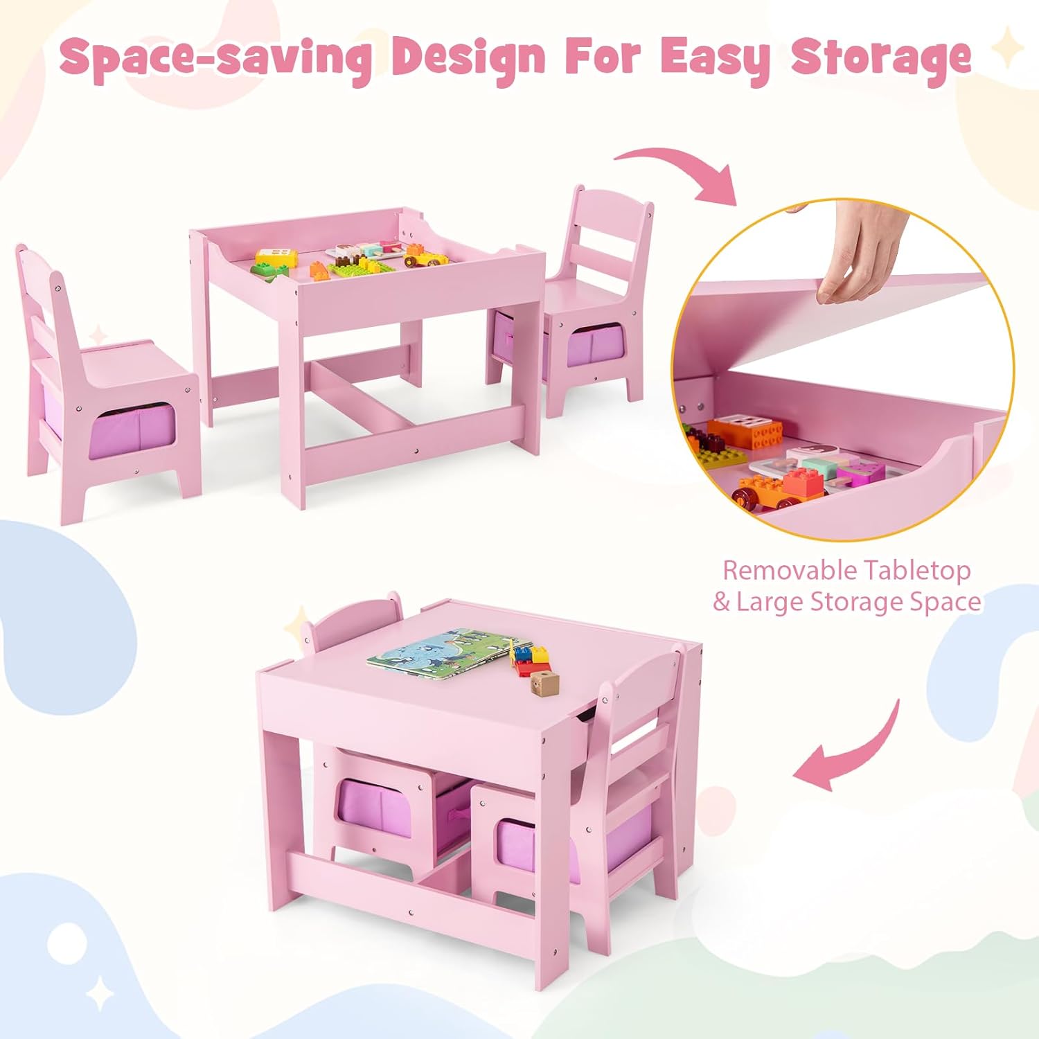GLACER Kids Table and Chair Set, 3 in 1 Children Activity Table with Detachable Tabletop & Storage Drawers for Drawing, Reading, Crafts, Wooden Toddler Table and Chair Set for Playroom, Nursery
