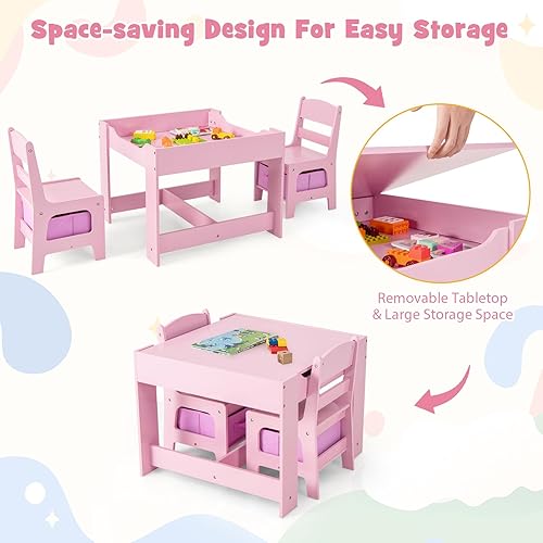 Miniatura 4 de Olakids Juego de mesa y silla para niños, juego de escritorio de madera 3 en 1 con pizarra extraíble, cajón de almacenamiento, mesa de actividades