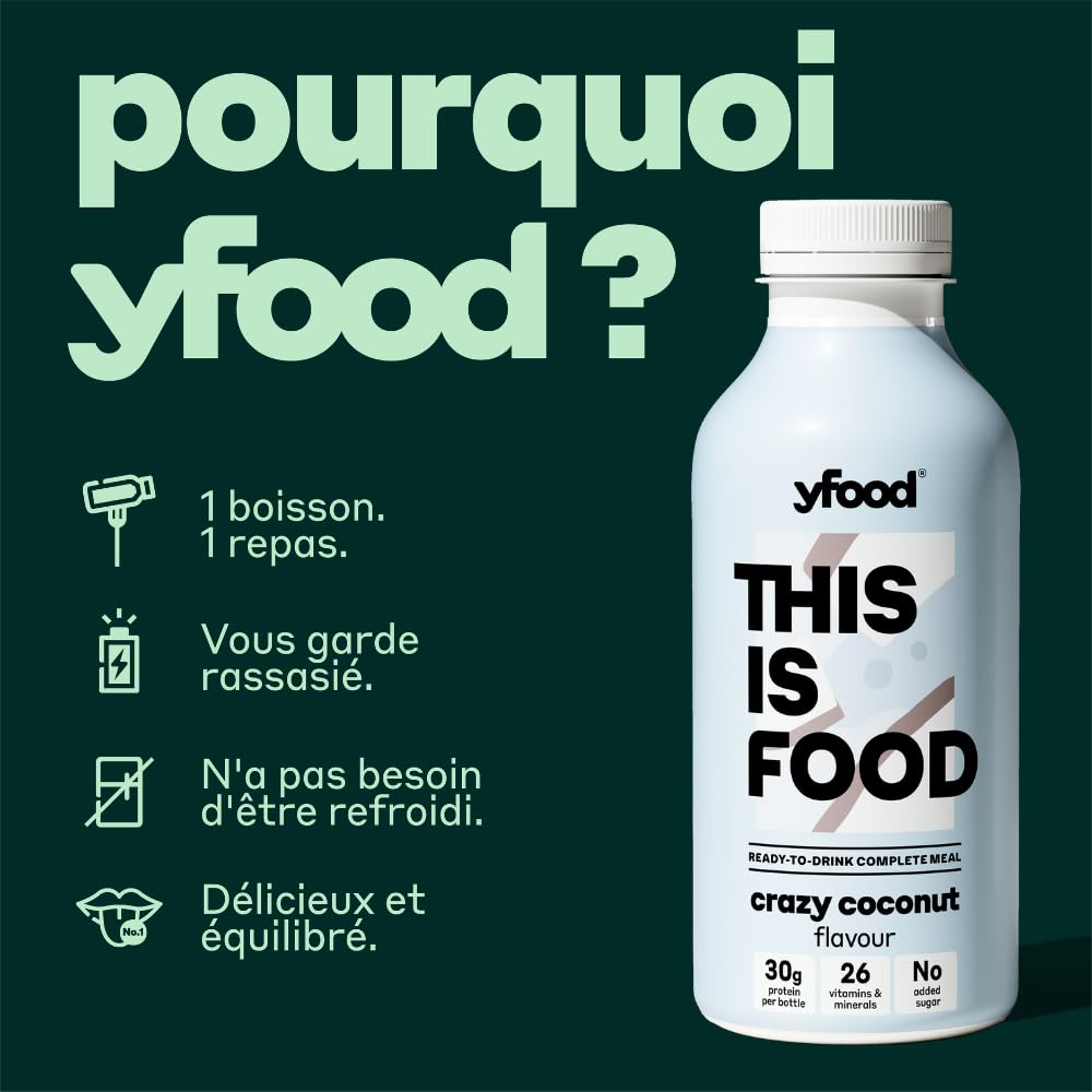 yfood Crazy Coconut, repas prêt à boire, THIS IS FOOD, substitut de repas, 30 g de protéines, 26 vitamines et minéraux (12 x 500 ml), goût noix de coco