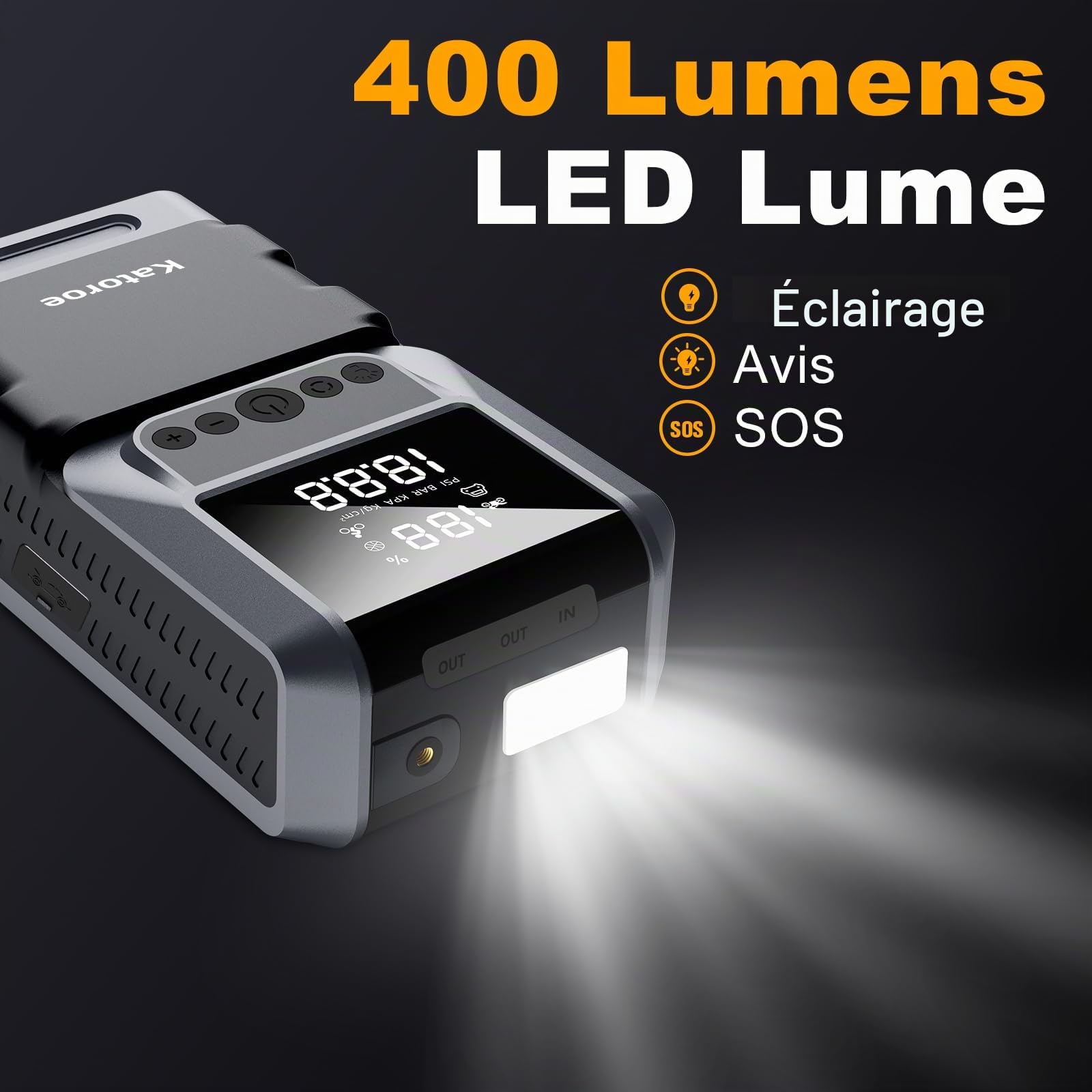 Booster Batterie avec Compresseur, 6000A Démarreur Batterie Voiture, 150PSI Gonfleur de Pneus, 12V Jump Starter, 10L Gaz ou 10L Diesel, Écran LED, Eclairage de Secours