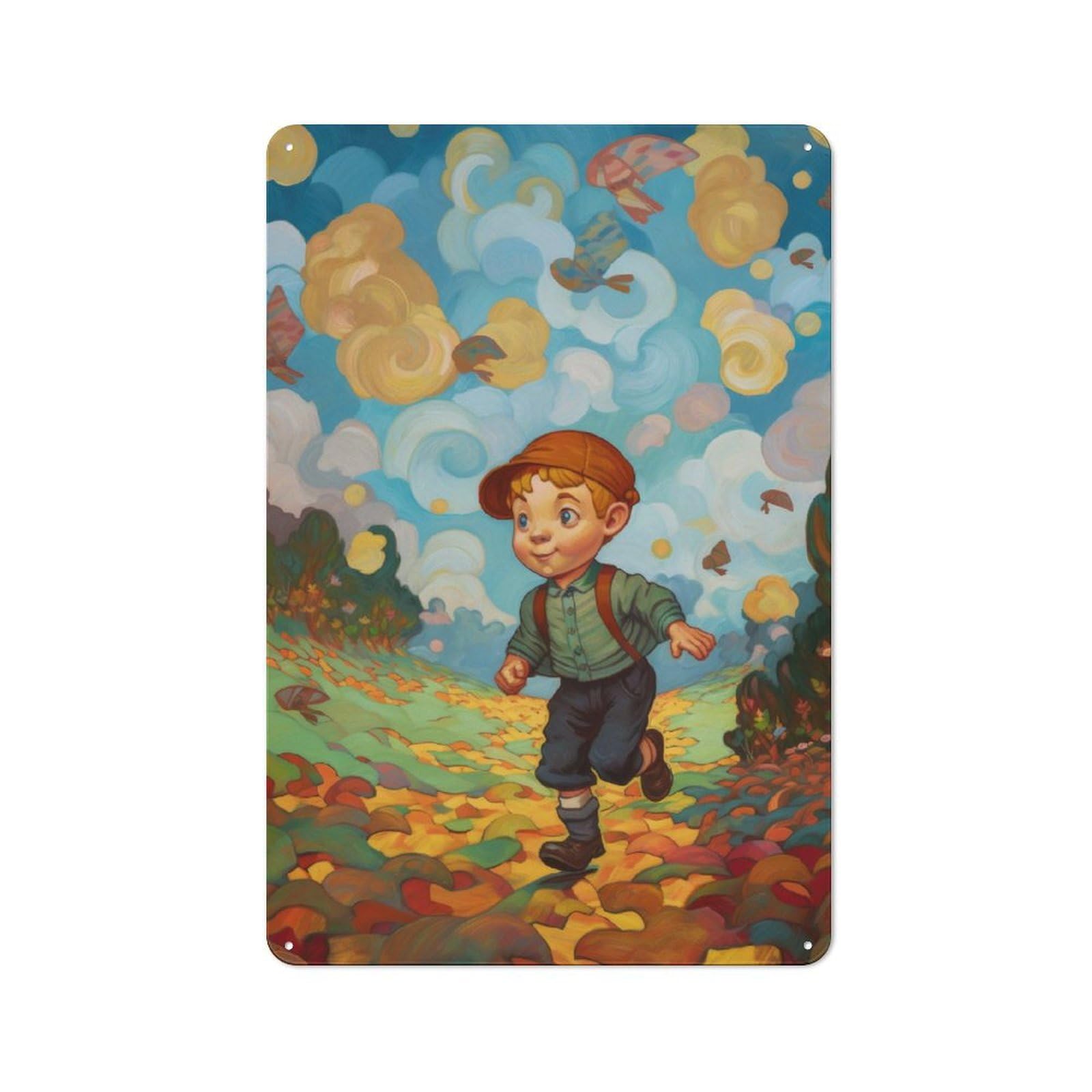 Vintage Metal Plaque 30x20cm Featuring Oil Painting Running Kid for Home Bar Wall, A Metal Wall Feature for Home Bars And Entertaining Spaces