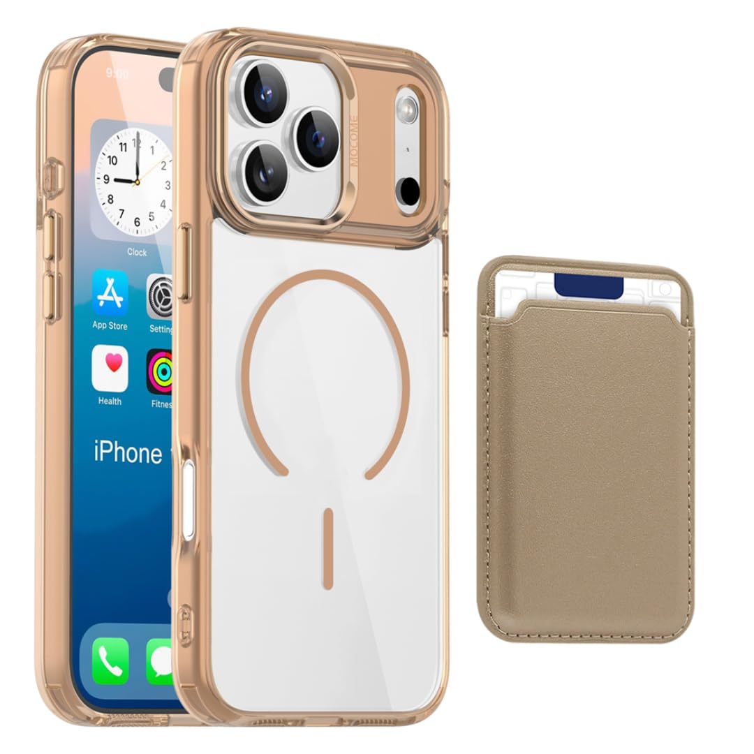Funda de Cuero con Tarjetero magnético y Carga inalámbrica para iPhone 13 Pro MAX (para iPhone 13 Pro MAX/Oro Desierto)