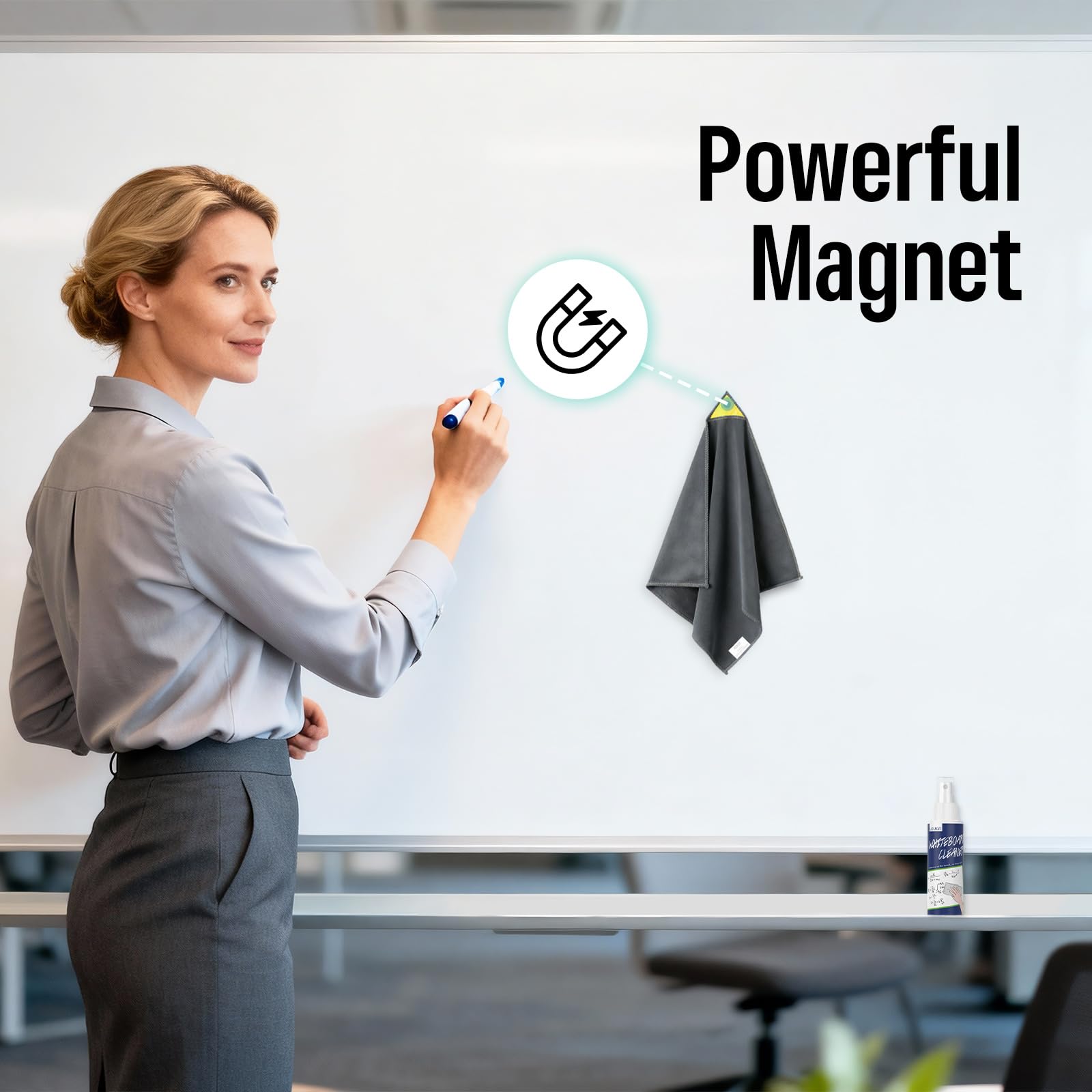 loukin Magnetic Whiteboard Cleaning Cloth, Dry Erase Cleaning Cloth for Classroom, Home and Office Use, Reusable & Washable, Gray, 12" x 12", 1 Bottle of 3.4 fl oz Whiteboard Cleaner Included