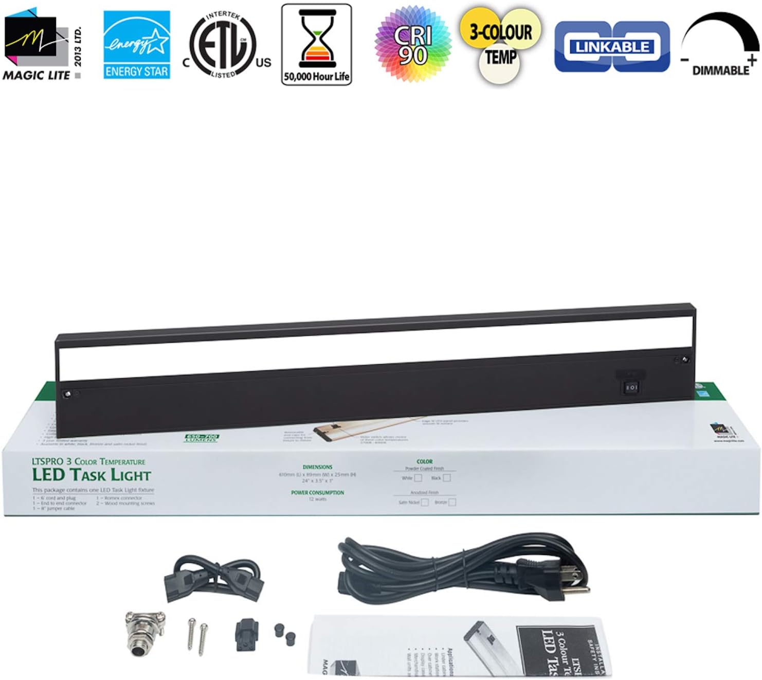 Up To 50% OFF 24 Inch Black LED Under Cabinet Lighting – Dimmable -3 Color Temperature Slide Switch – Warm White (2700K), Soft White (3000K), Cool White (4000K) - Plugged-in or Hardwired Installation by Magic Lite New Deal 24 Inch Black LED Under Cabinet Lighting – Dimmable -3 Color Temperature Slide Switch – Warm White (2700K), Soft White (3000K), Cool White (4000K) - Plugged-in or Hardwired Installation by Magic Lite