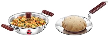Hawkins Tri-Ply Stainless Steel Induction with Glass Lid, Capacity 2.5 L, Diameter 26 cm, Thickness 3 mm & Tri-Ply Stainless Steel Induction Compatible Tava, Diameter 24 cm, Thickness 3.5 mm, Silver
