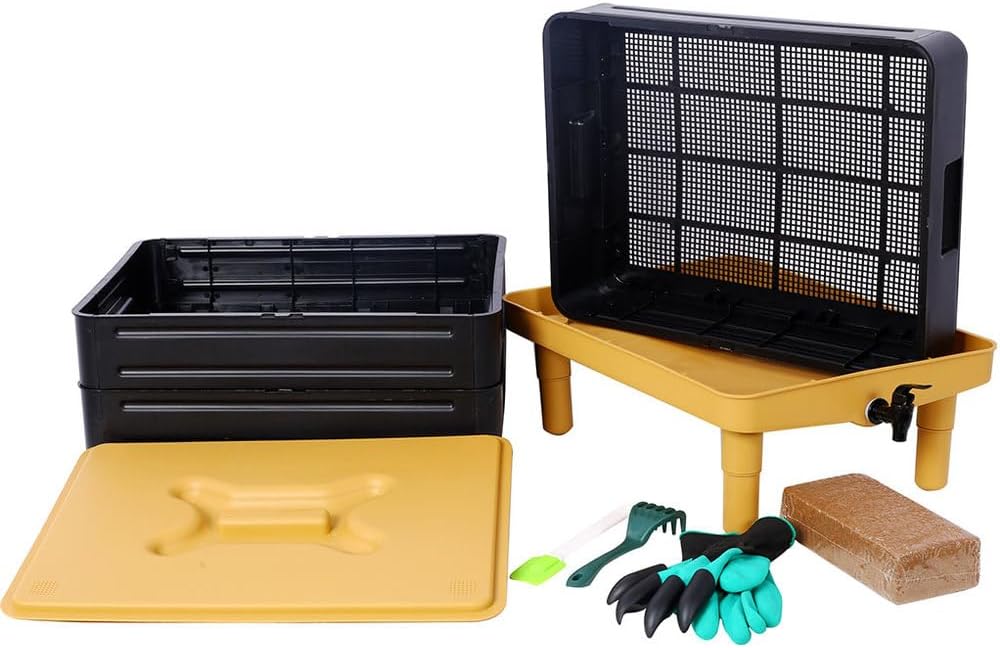 3-Tray Worm Compost Bin, 65L Stackable Worm Composter with Built-in Faucet, Indoor & Outdoor Composting System for Recycling Food & Garden Waste
