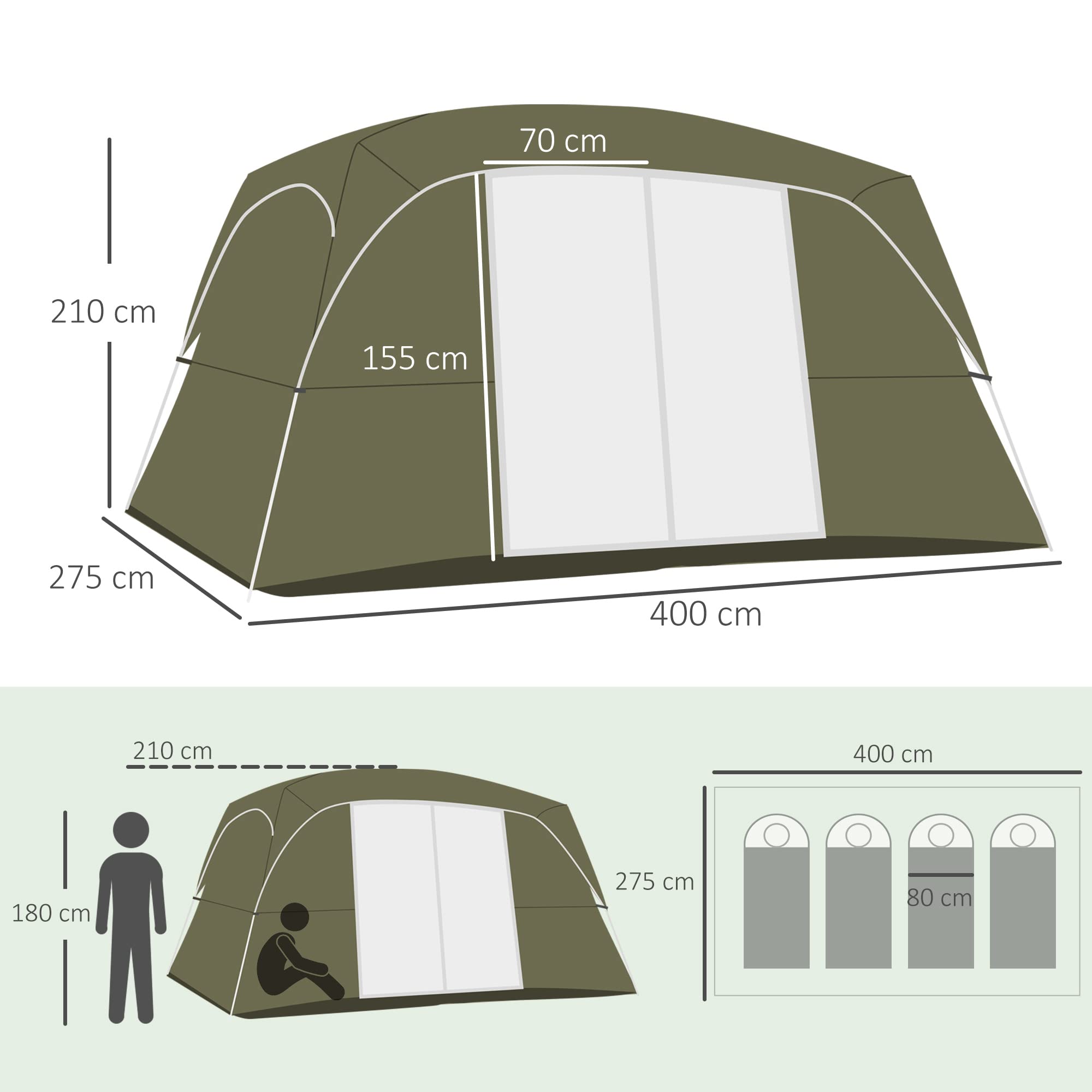 Outsunny Tente familiale 4-8 Personnes avec 2 Chambres Grande Tente de Camping avec 2 Poches et fenêtres en Maille imperméable 400x275x210 cm Vert