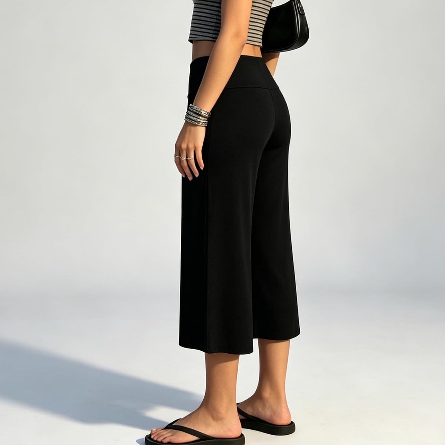 Foldover Culottes for Women Low Rise Gauchos Pants Cropped Flowy Wide Leg Palazzo Lounge Yoga Capri Pant