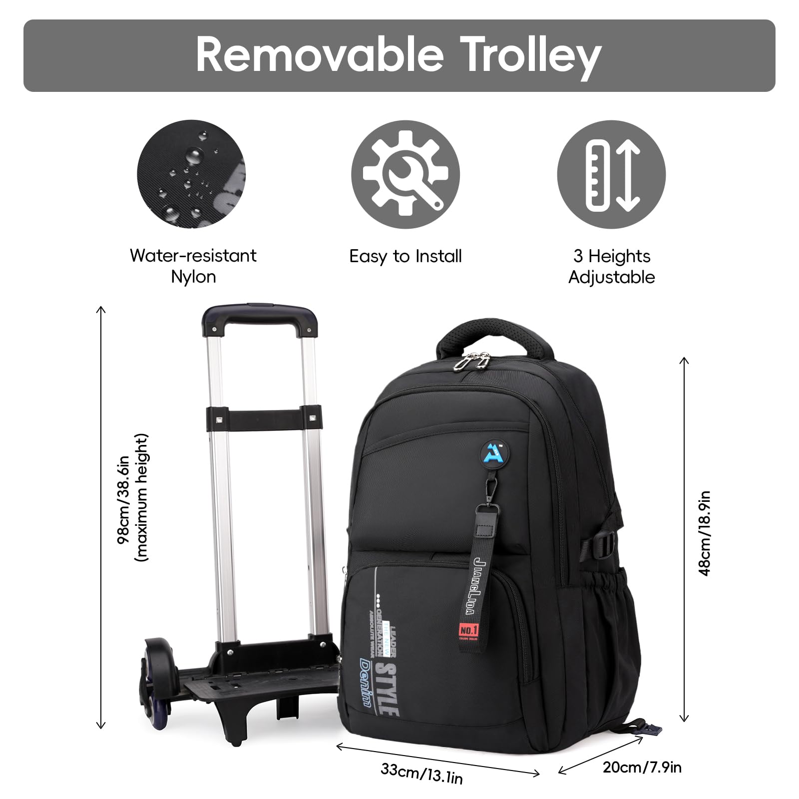 Tanou Mochila con Ruedas para Adolescente, Mochila Instituto Chico de 36 Litros Impermeable, Mochila Trolley Escolar Grande con Carrito Desmontable para Viaje