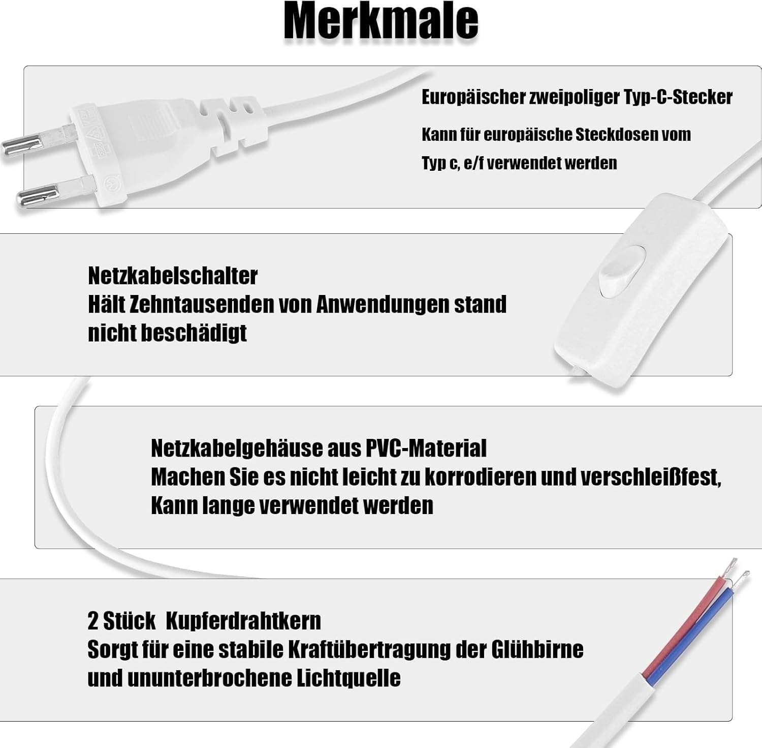 Powice 3 kable z wtyczką, kabel przyłączeniowy z przełącznikiem, 1,8 m, nadaje się do lamp stołowych i stojących