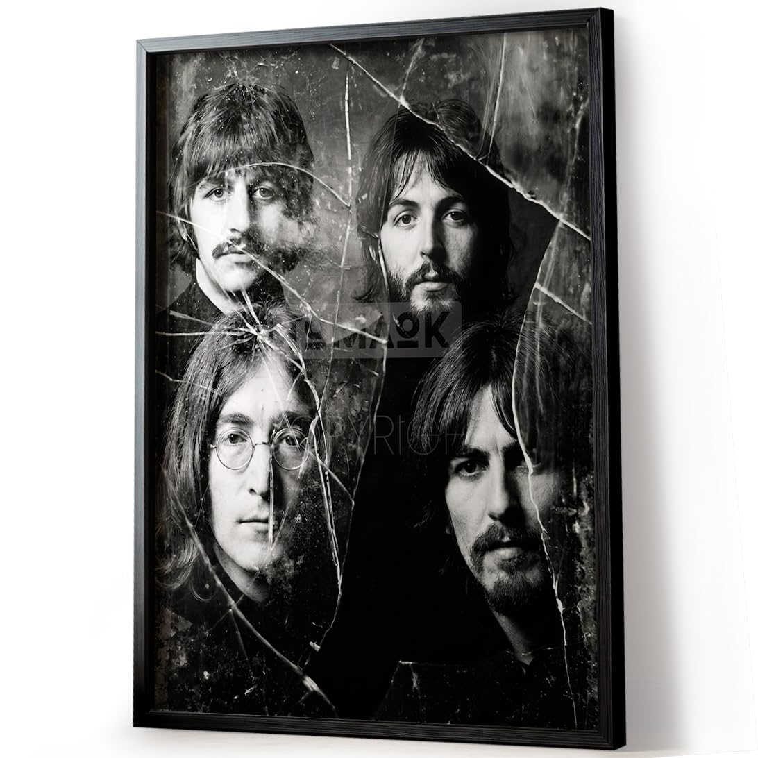 Tomaok® - Poster Stampa poster d'arte (cornice non fornita) Gruppo musica pop rock Les Beatles in composizione bianco e nero, ritratto specchio rotto, decorazione art murale