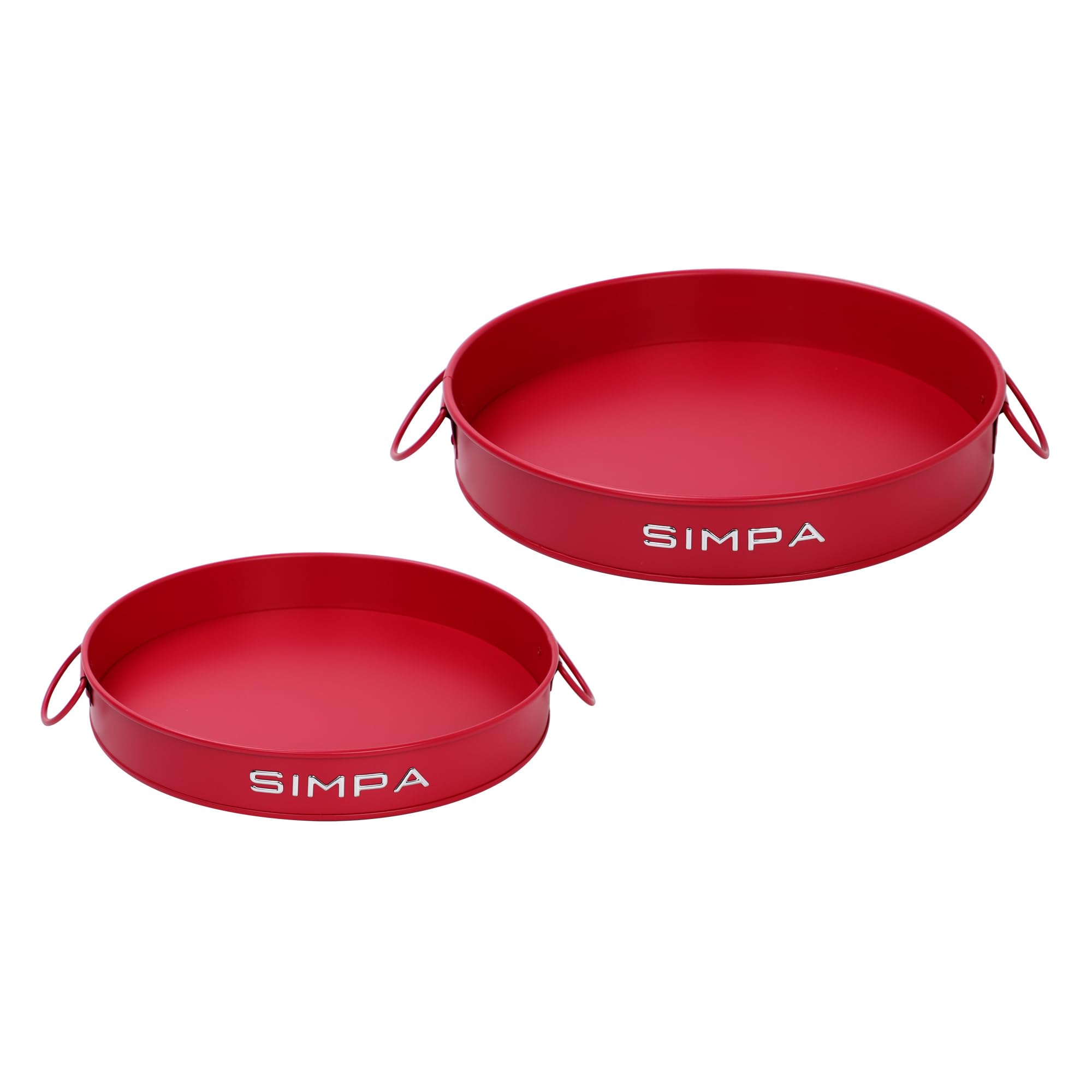 simpa Round 2PC Metal Colour Serving Trays Set with Handles, 30cm & 25cm Diameter Trays - Matt Red