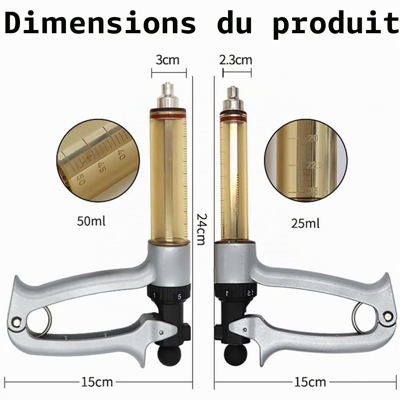 Seringue Vétérinaire, Seringue Continue Réglable Semi-Automatique en Acier Inoxydable, Injection de Vaccin Vétérinaire pour Bovins, Ovins, Porcins, Caprins(Size:25ML)