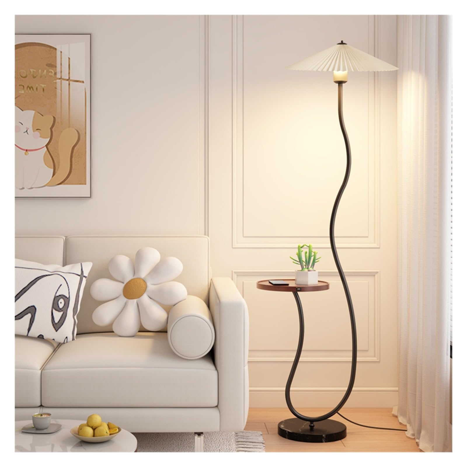 Z4T8M2K6G5 Tall Standing Lamp Real Marble Based LED Floor Lamp, with Wood Table, Bedside Reading, Modern End with for Bedroom(Black)