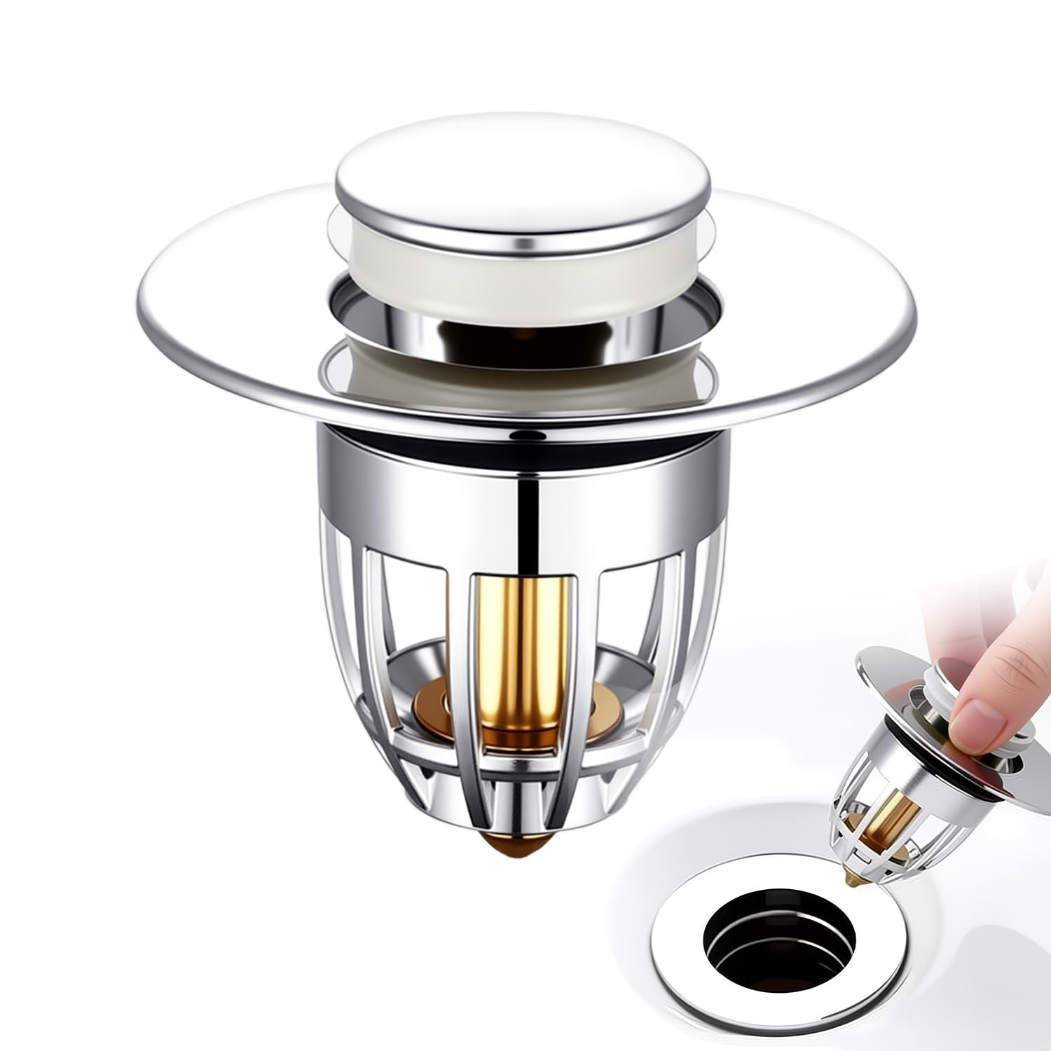 Randalfy Bath Plug Replacement - Brass Pop Up Sink Stopper with Hair Catcher Basket, Push Type Drain Strainer, No Overflow, Fits 34-40mm Basin & Bath (1PC)