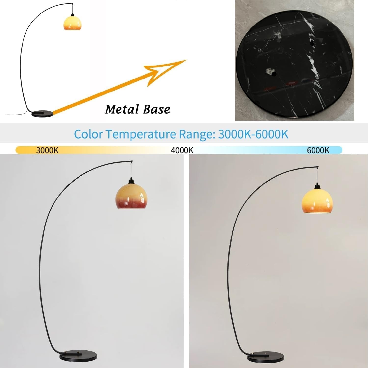 Bofea-Mid Century Modern Arc Floor Lamp,71 inches Tall Black Standing Lamps with Orange Glass Shade,Dimmable Reading Lamp Over Chair,Warm Lighting,Black Floor Lamps for Living Room,Bedroom Lighting