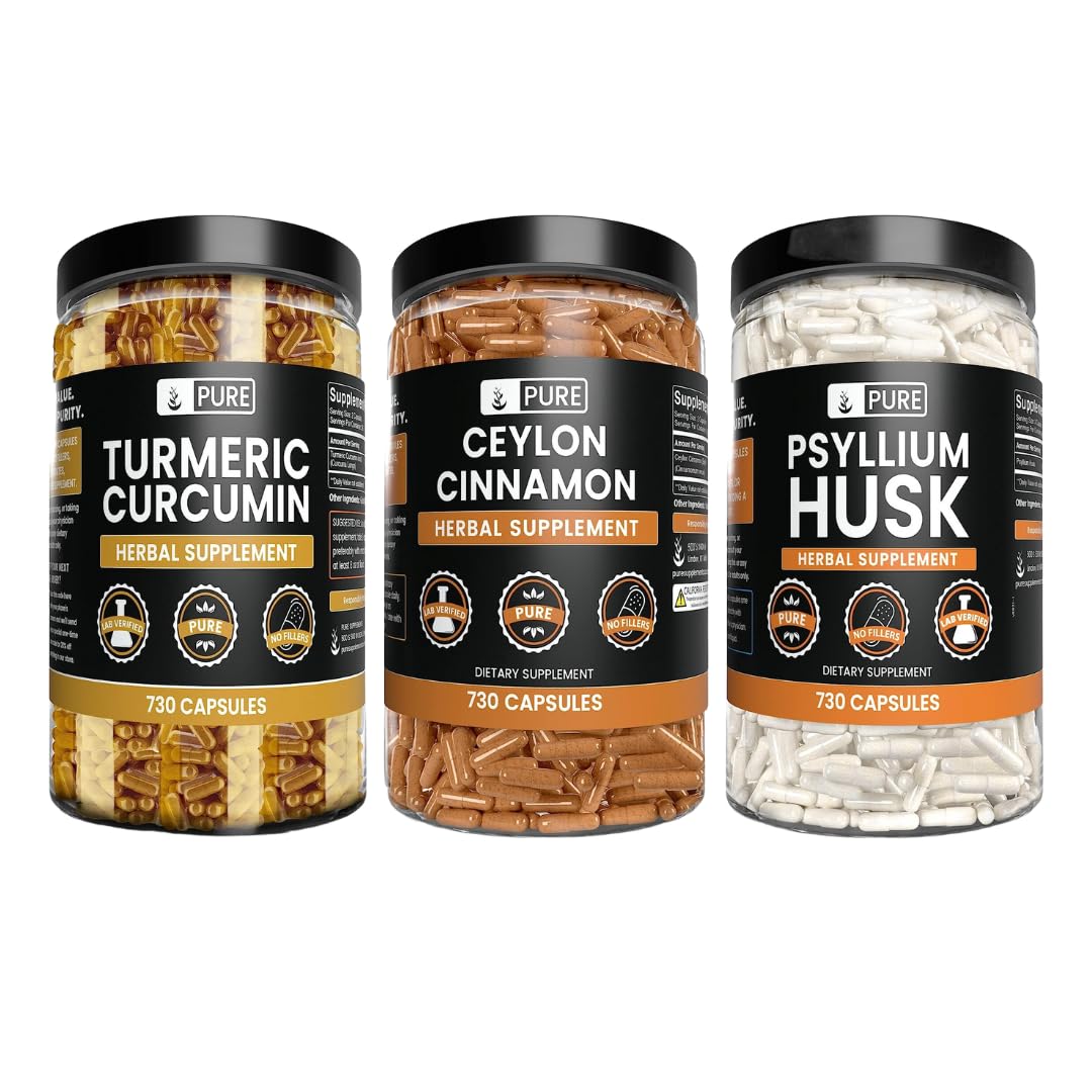 PURE ORIGINAL INGREDIENTS Ceylon Cinnamon, Psyllium Husk, and Turmeric Capsule Bundle
