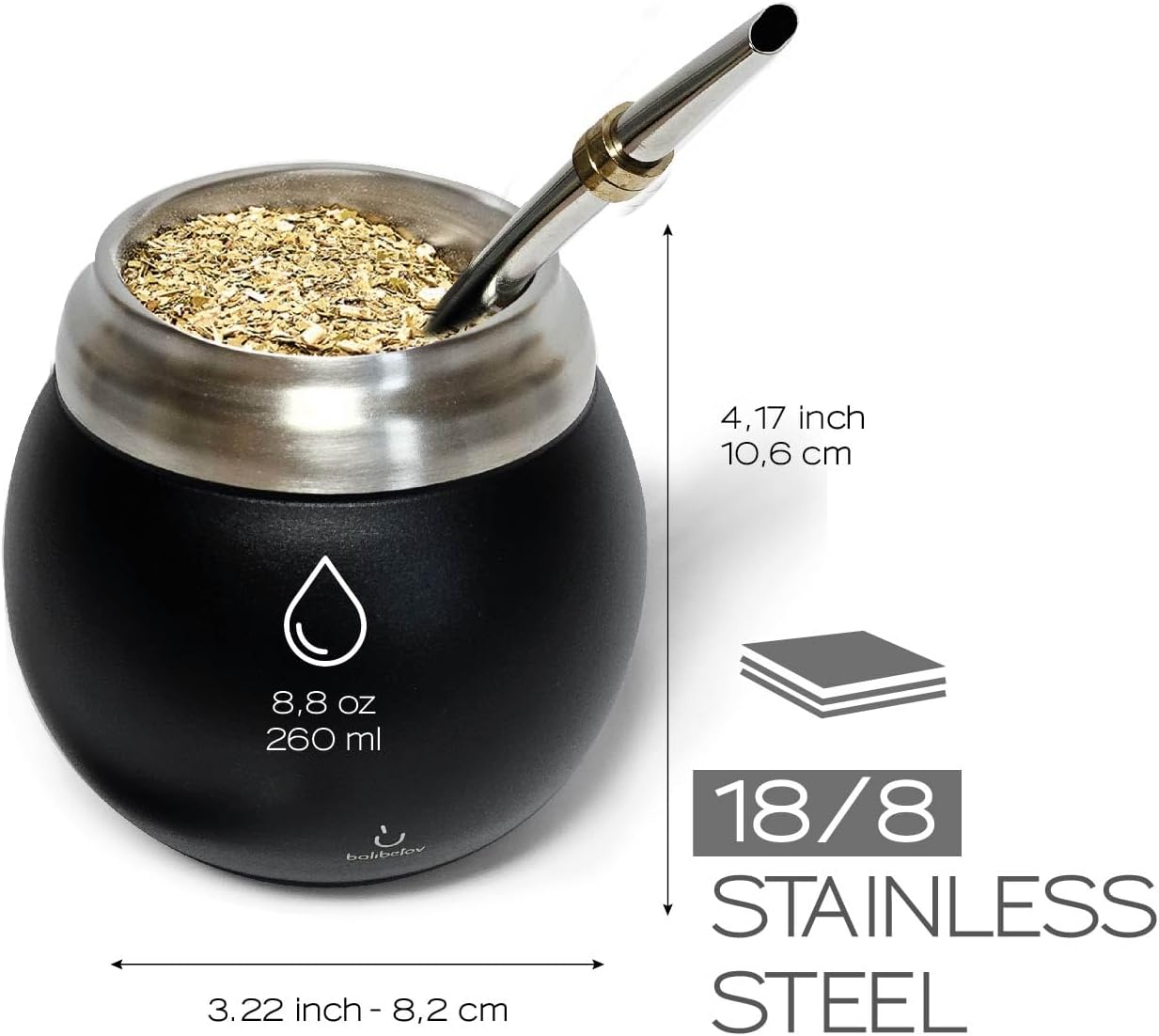 BALIBETOV Yerba Mate Kit - Includes One Mate Cup and Bombilla Set - Stainless Steel Double Wall Thermal Yerba Mate Gourd and Bombilla Set (Mate straw) - Easy to clean and maintain (Black) - Image 3