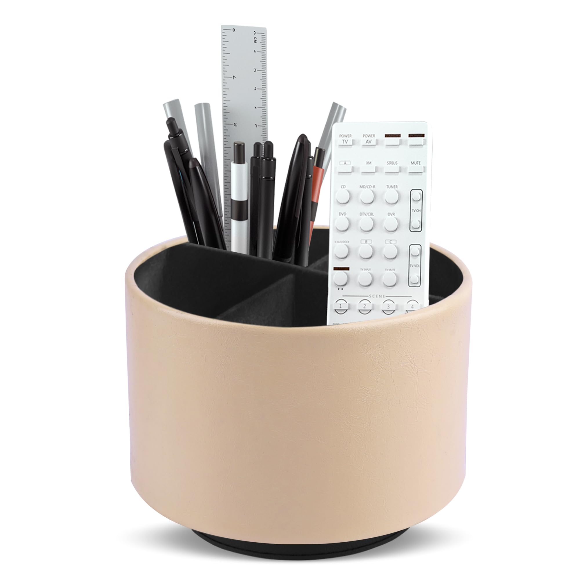 Mtzmy Round Pen Holder, Leather, 360ยฐ Rotatable, Remote Control Holder, Rotating Bedside Table, TV Remote Control, Desk Organiser for Pens, Office Supplies, Storage Box (1 Oil Apricot)