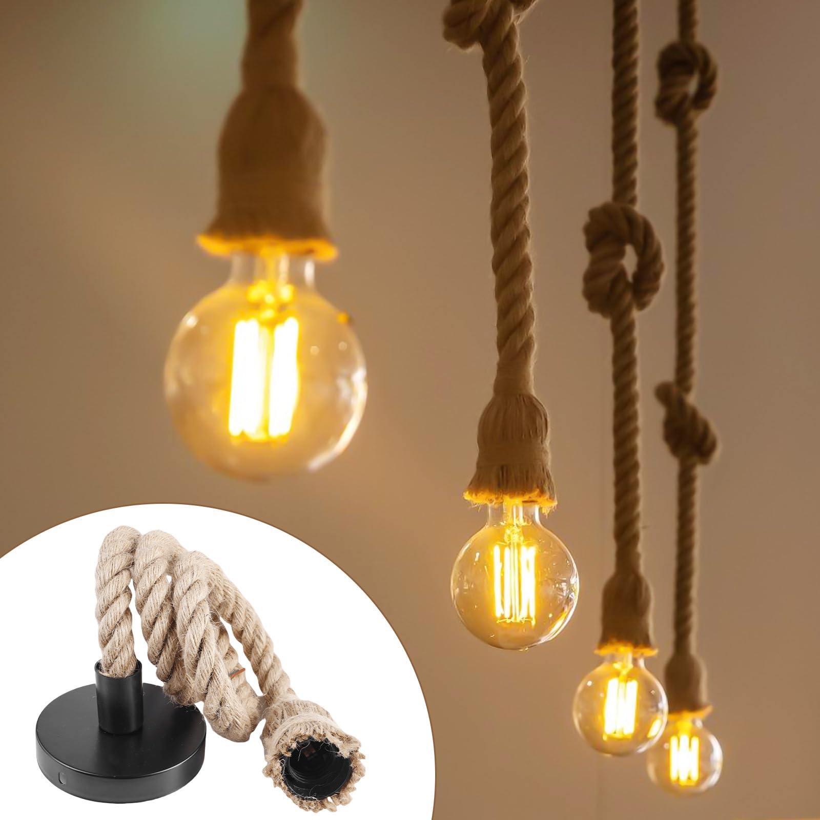 4 pezzi Portalampada E27 con cavo, Lampada a sospensione in stile retrò con corda di canapa e cavo da 100 cm, Kit di lampada a sospensione in corda di canapa per cucina, caffè, bar, magazzino