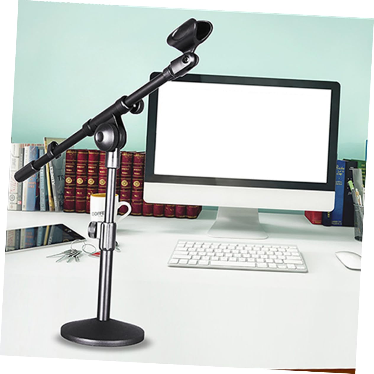 BESTonZON Soporte de Micrófono de Mesa Brazo de Micrófono Articulado, Altura Ajustable, Base Redonda de Hierro, para Casa y Escenario