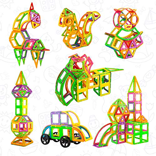 Blusmart Blocs magnétiques, Jeu de Construction Sciences éducatif 158 pièces, inclut Cartes numérotées, Cartes alphabétiques, Cartes Fruits, Grande Roue et Sac de Rangement pour Enfants de 3 Ans et +