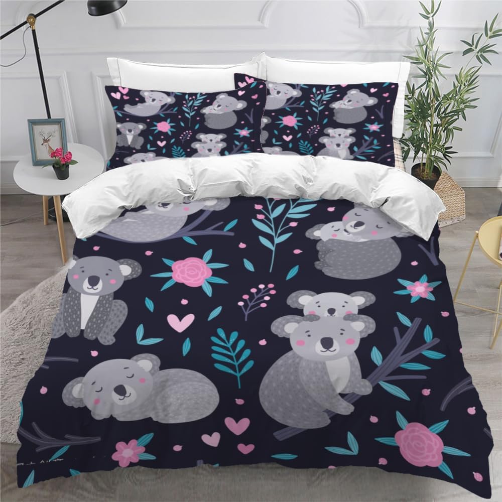 MEVASA Koala Cartoon Bedding Set - Microfiber Teen Bedding Blue 3D Set for Small Double - Anti Allergic Duvet Cover Set with Zipper /200x200