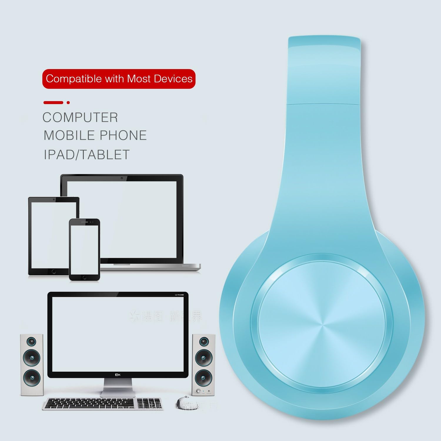 RAT TAIL Auriculares Bluetooth V5.0 sobre la oreja, plegables, inalámbricos y estéreo con cable, micro SD/TF, FM para teléfono celular, PC, orejeras suaves y ligeros para un uso prolongado (azul)