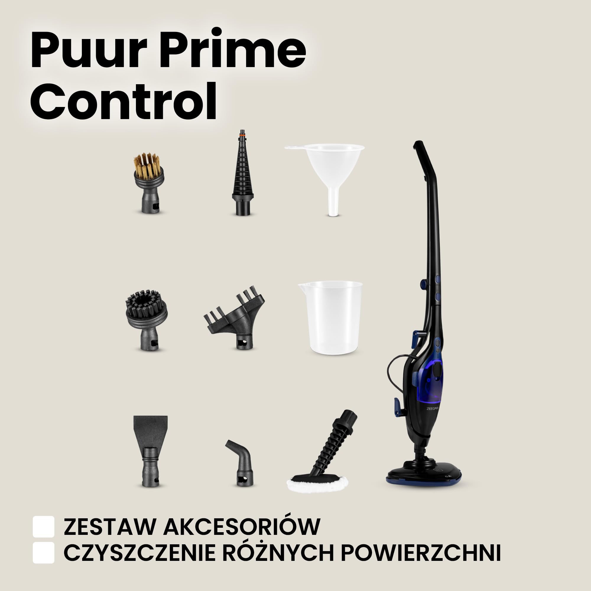 ZEEGMA Mop Parowy Ręczna Myjka Parowa Puur Prime Control 13 w 1, Zestaw Końcówek, 1500 W, 400 ml