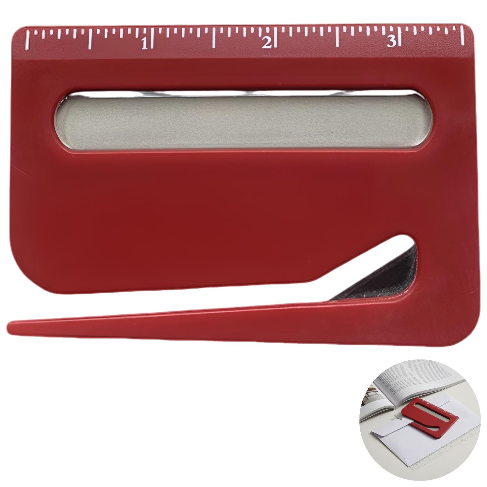 12 Stk. Multifunktionale Brieföffner mit Lineal, 3X-Lupe, sicherem Plastik-Brieföffner als Kuvertschneider, geeignet für Büro und Zuhause, Maße 3,7 x 2,6 x 0,12 in / 9,4 x 6,6 x 0,3 cm, 4 Farben