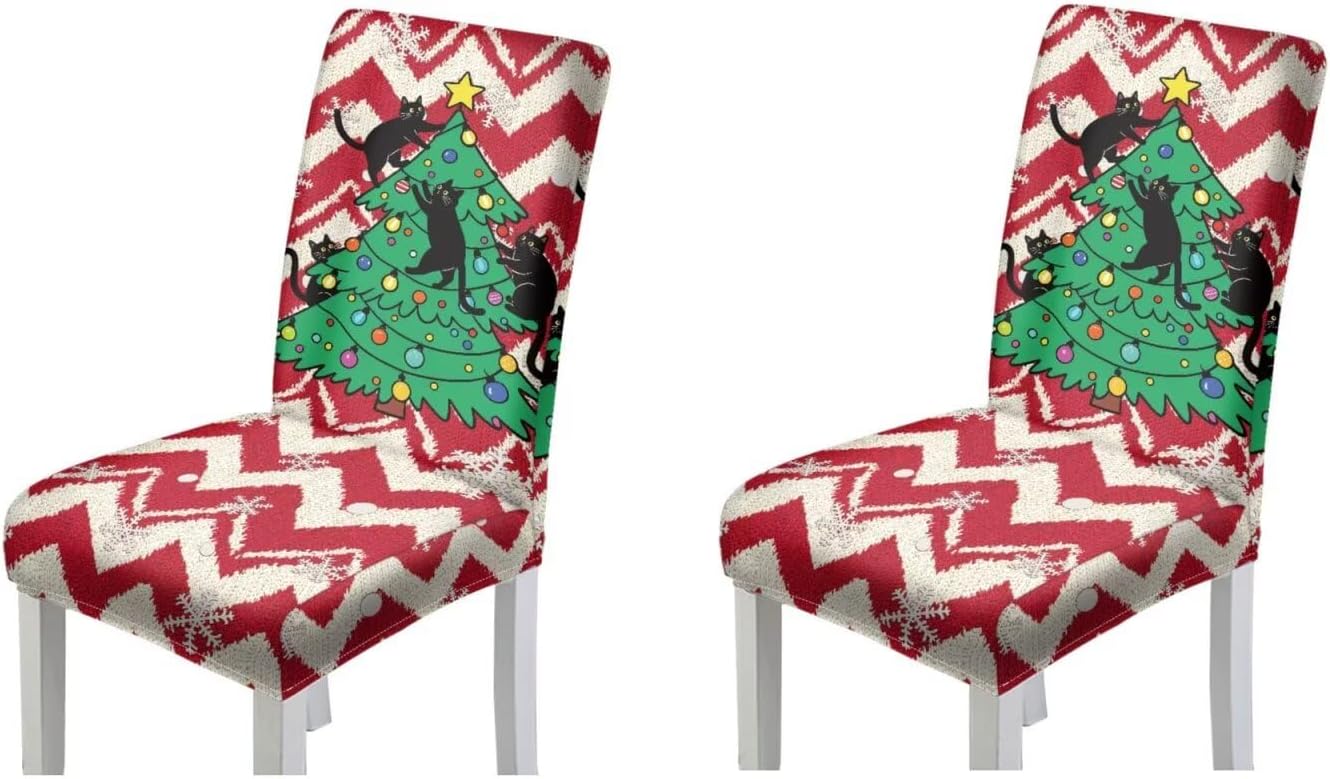 Black Cat Tree Christmas Chair Covers Set of 2 Stretch Removable Dining Room Chairs Covers Washable Removable Parsons Chair Slipcover No Arms Non Slip Protectors for Xmas Ceremony Party
