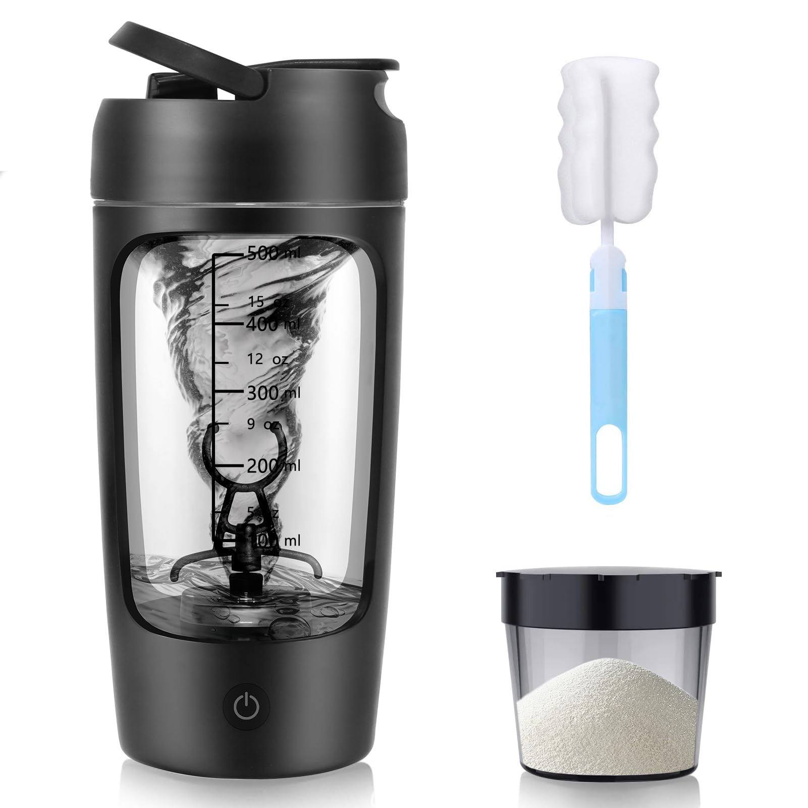 SOARFLY Shaker Elektrisch, 650ML Elektrischer Shaker mit Pulverfach, Eiweiß Shaker Elektrisch für Potein Pulver und Milchshake, BPA-freier, USB-C aufladbar, Schwarz
