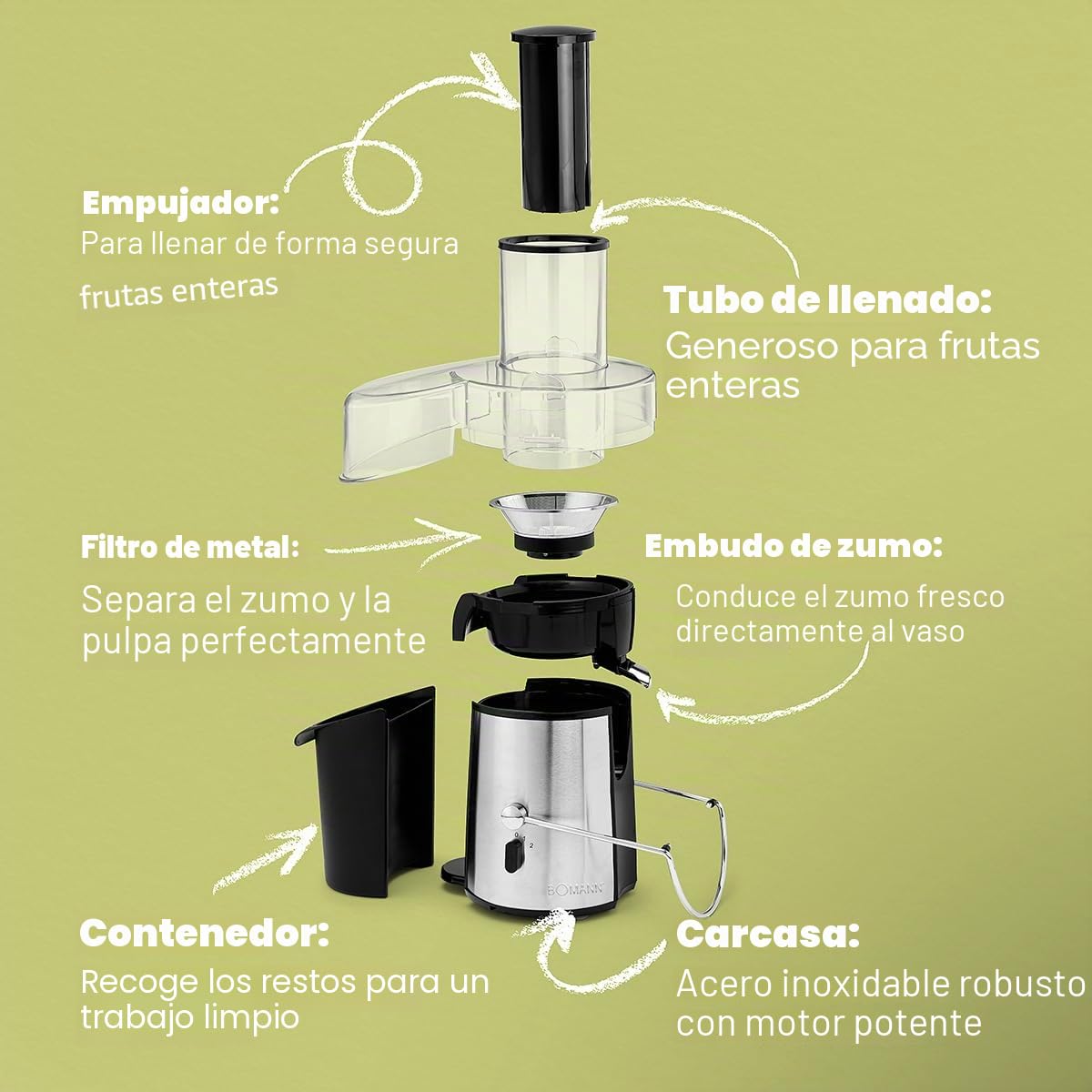 BOMANN AE1917CB - Exprimidor profesional - 1000 Watts - Capacidad del depósito: 2 Litros - Chimenea de llenado extra grande - Negro/Plata