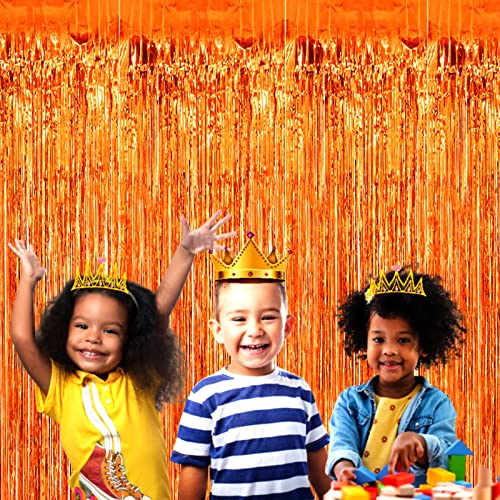 Image of 4 Pack Orange Foil Fringe Curtain Backdrop, 3.28Ftx8.2Ft Metallic Tinsel Foil Fringe Streamers Curtains for Party, Photo Booth Props, Birthday, 2022 Mother's Day Decoration Supplies