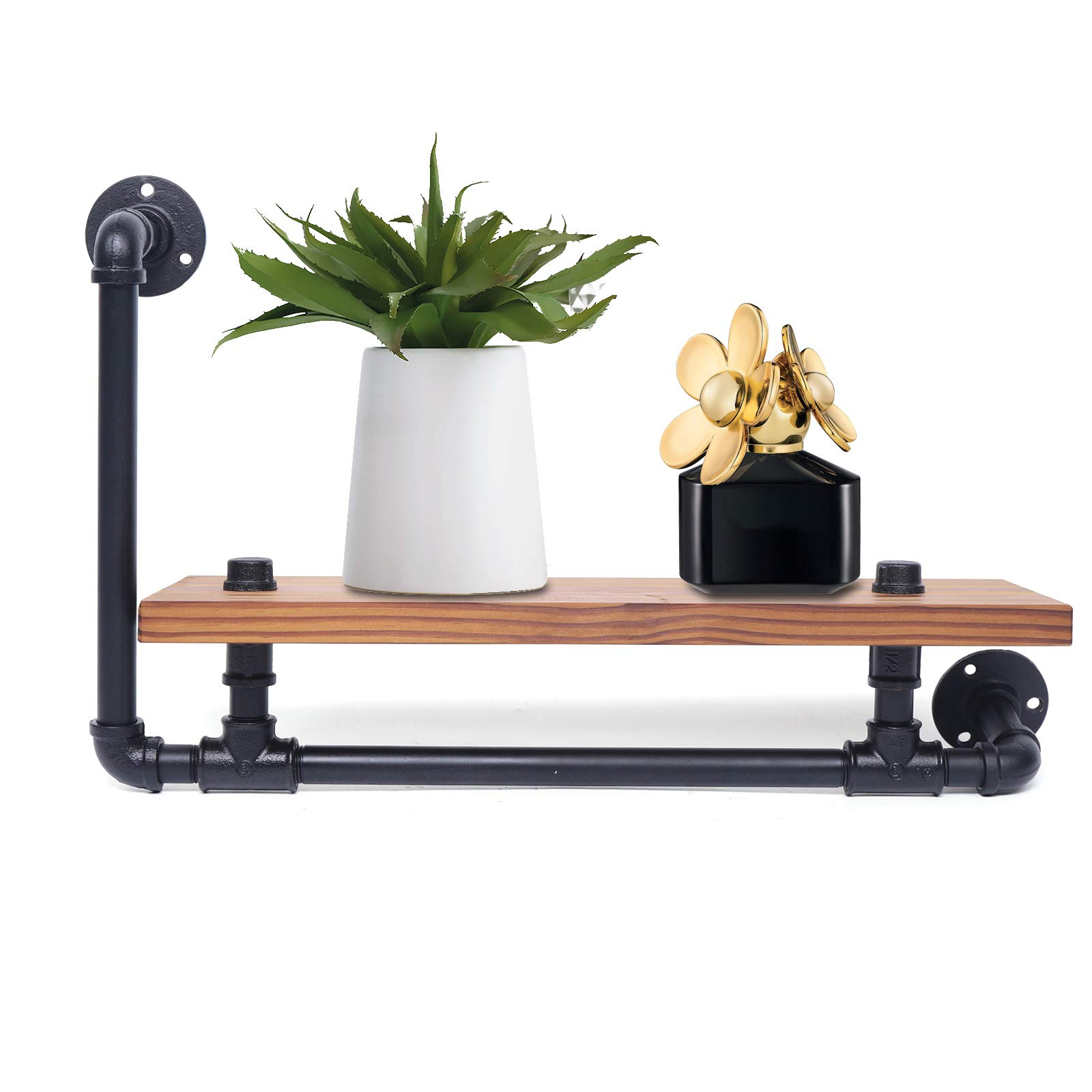 ROMYIX Rustic Wooden Metal Floating Wall Mounted Shelves Rack Hanging Storage Display