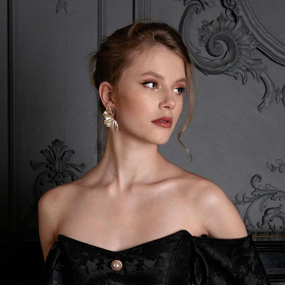 Gold Sculptural Flower Earrings Gold Statement Earrings for Women Exaggerated Geometric Dangle Earrings Bohemian Flower Floral Dangling Drop Earrings Summer Beach Jewelry - Image 9