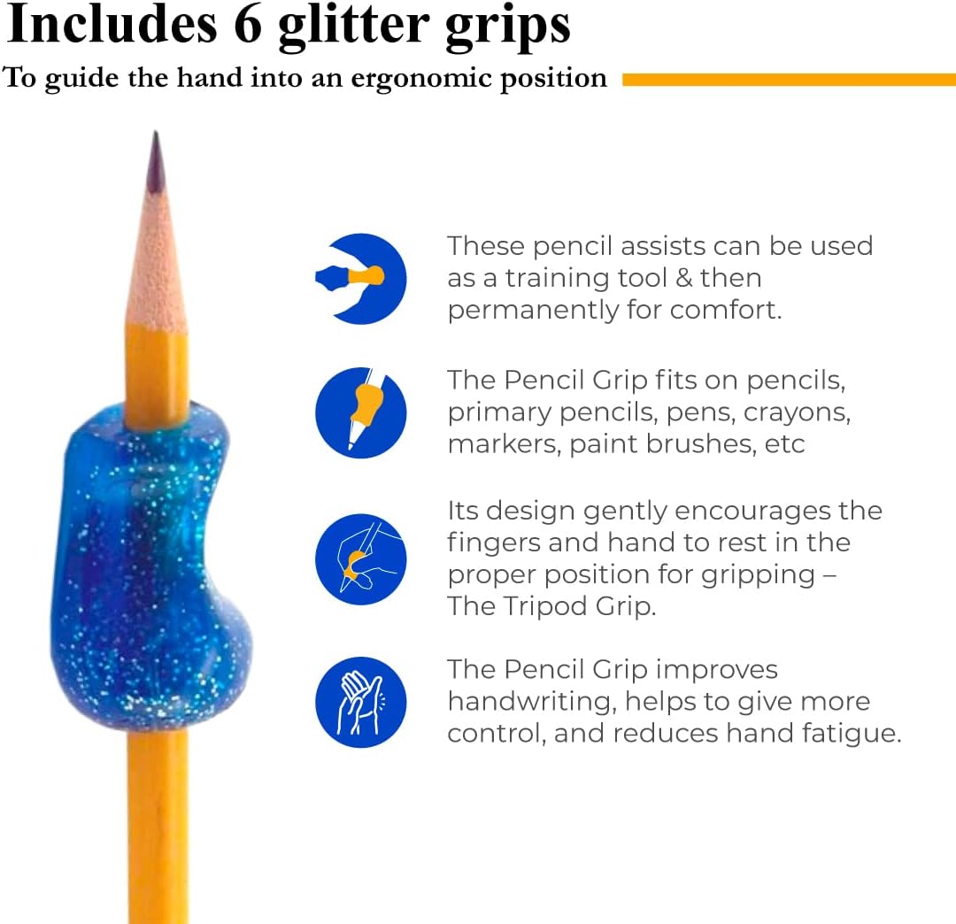 The Pencil Grip Pencil Grips, Universal Ergonomic Writing Aid For Righties And Lefties, Glitter Pencil Grippers, Assorted Colors, 6 Count - TPG-11206 : Office Products