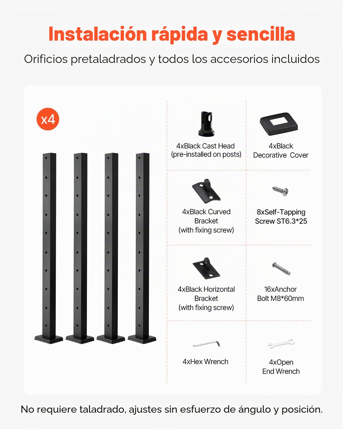 VEVOR Poste de Barandilla de Cable, 4 PCS Postes de Barandilla 91,4 x 2,5 x 5 cm Poste de Riel de Cable de Acero Inoxidable SUS304 con Soporte Horizontal y Curvo, Negro, 4JZLGZXHS914UUOI6001V0