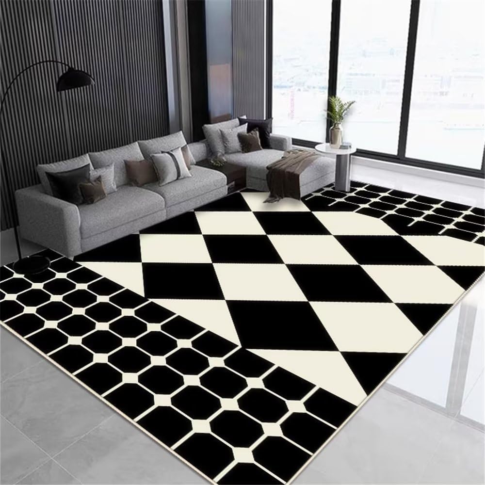 Tapis de salon à carreaux noir pour créer un coin lecture chaleureux