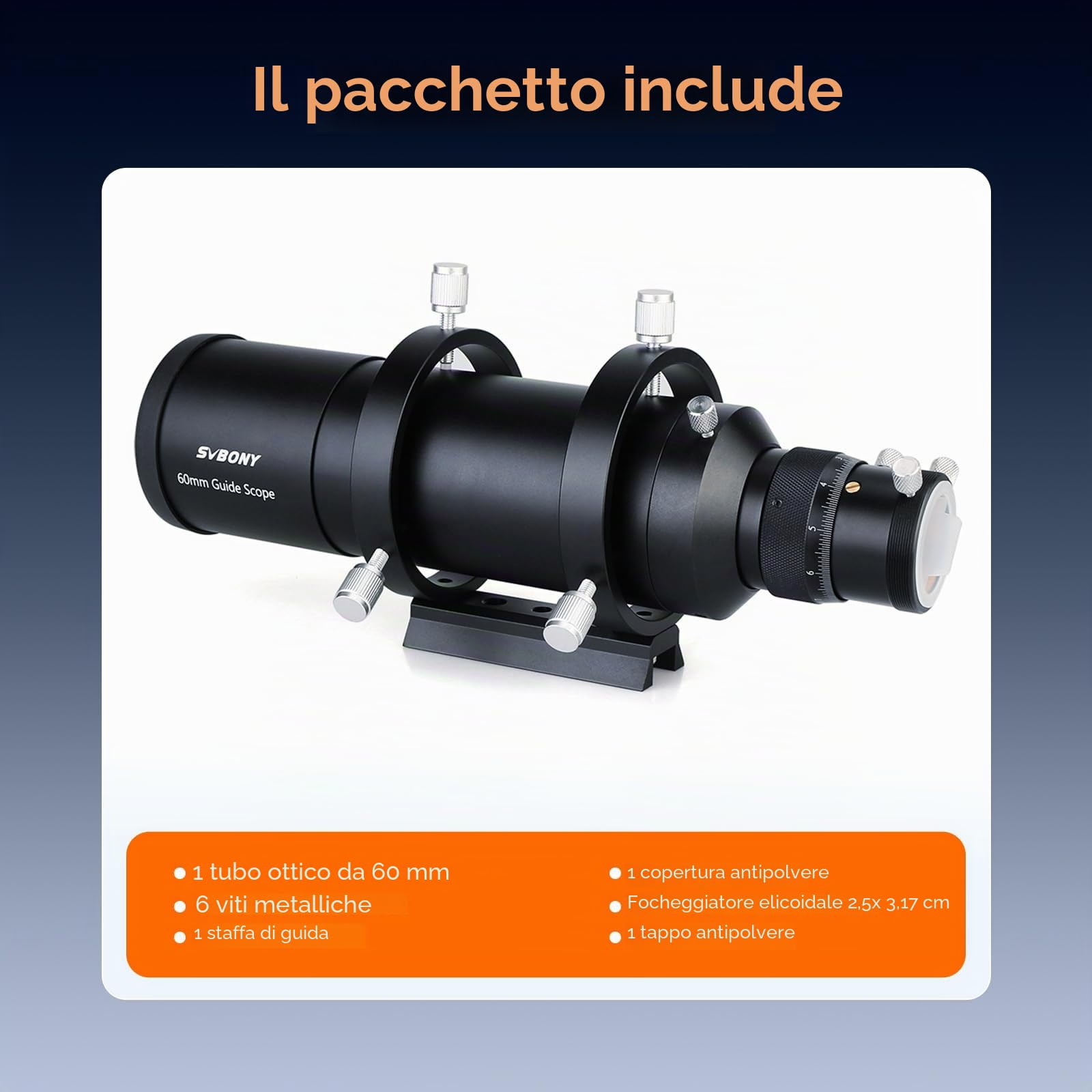 Svbony SV106 Telescopio Guida, Cercatore con Rivestimento Completo con Focheggiatore Elicoidale, 60mm F4 per Guidare Ricerca delle Stelle, Compatibile con Fotocamera ZWO QHY Auto Guide