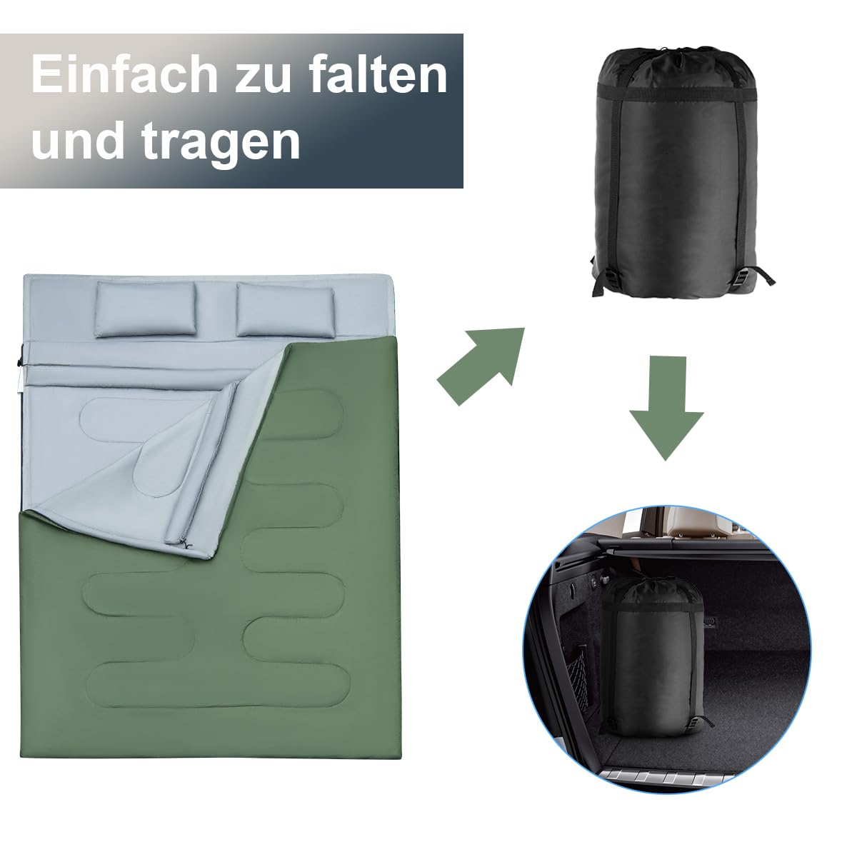 SOARS Schlafsack Doppelschlafsack 2 Personen, Deckenschlafsack mit 2 Kissen & Tragetasche, wasserdichter Winterschlafsack Erwachsene, Schlafsäcke Outdoor für Camping, Wandern Reisen